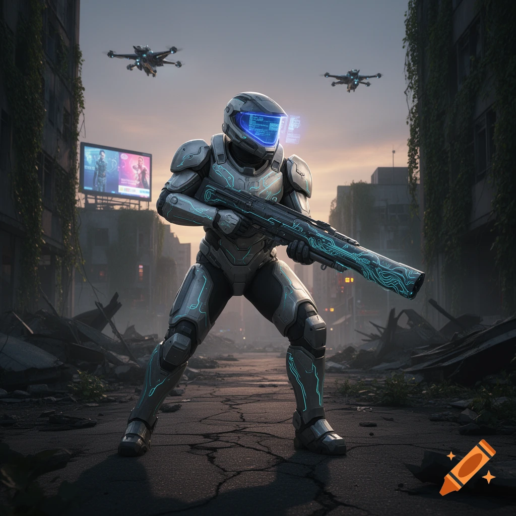 A futuristic soldier in power armor with a glowing rifle stands in a destroyed city street under drones.