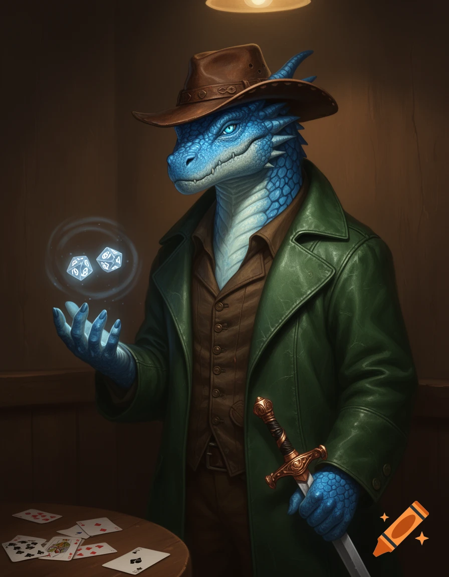 A blue dragonborn in a cowboy hat and green duster holds glowing dice, with a sword and playing cards on a table, in an artistic style.