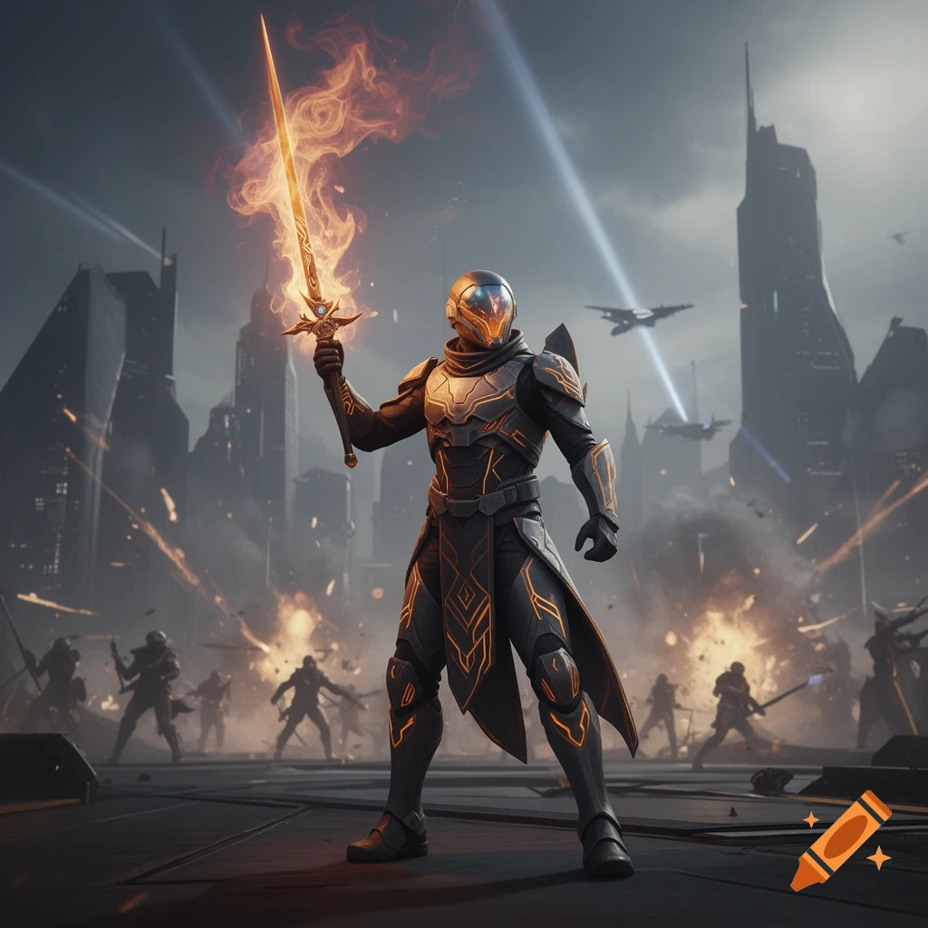 A futuristic warrior in dark, glowing armor holds a flaming sword in a ruined sci-fi city with other figures battling.