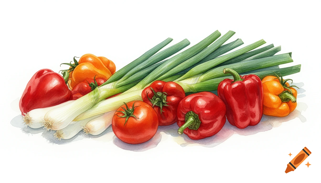 A watercolor painting of a pile of red tomatoes, red and orange bell peppers, and green spring onions on a white background.