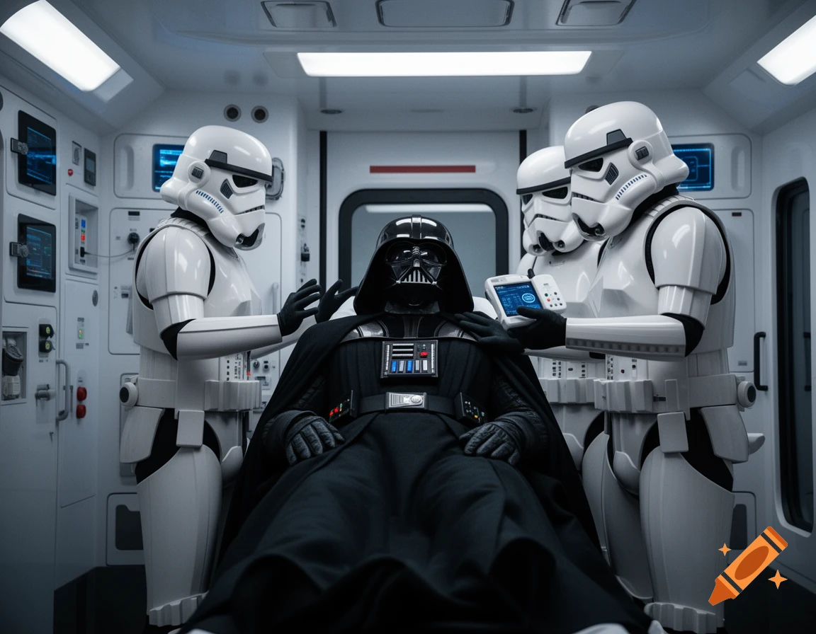 Darth Vader sits in a futuristic medical bay as three Stormtroopers attend to him, one holding a device, in a photorealistic style.