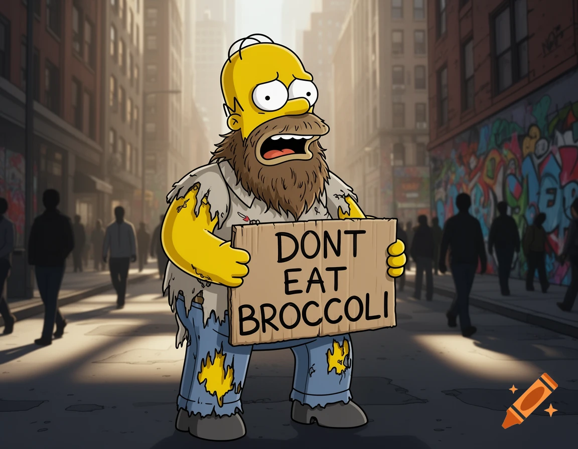 Cartoon Homer Simpson with a shaggy beard and ripped clothes begs on a city street, holding a sign that says "DONT EAT BROCCOLI".