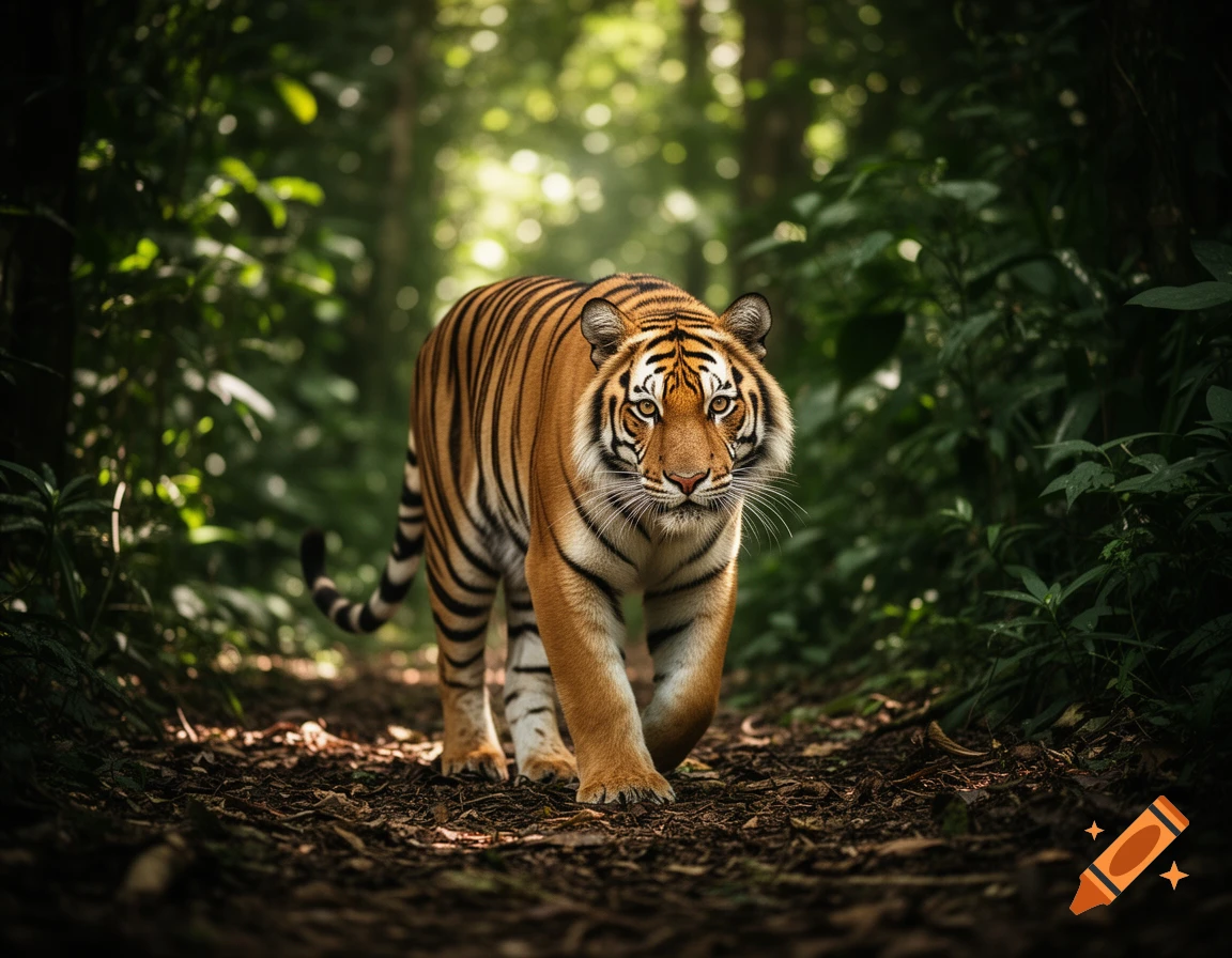 A photorealistic tiger walks towards the viewer on a dirt path through a lush, sunlit forest.