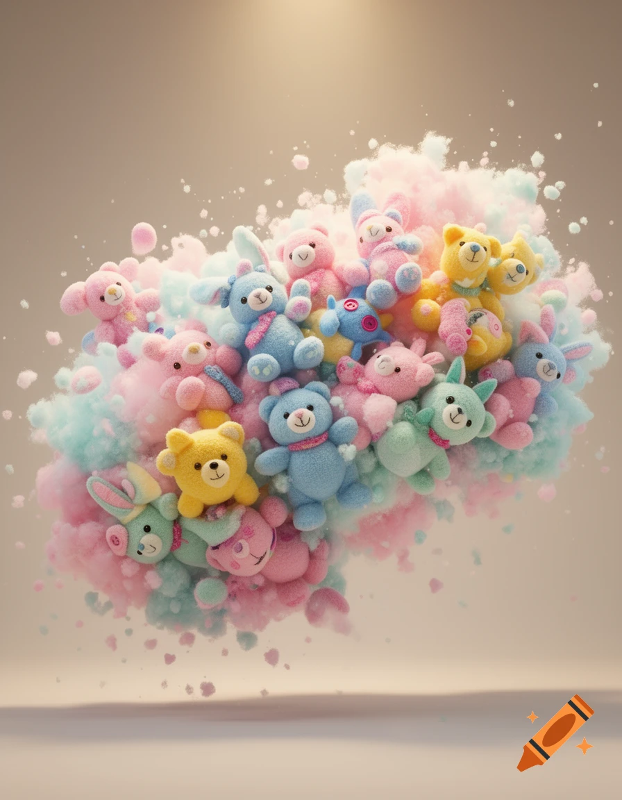 A cloud of colorful, fluffy plush teddy bears and bunnies in pastel pink, blue, and yellow.