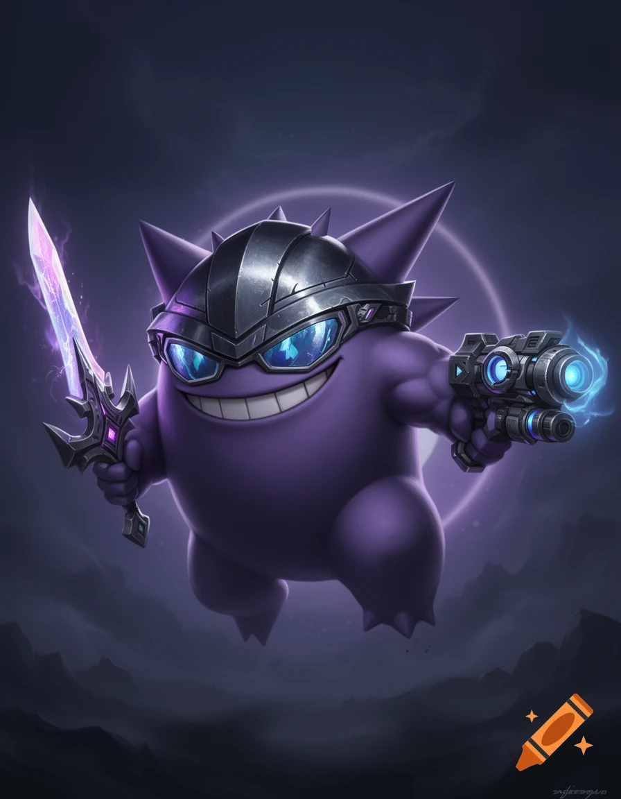 Purple Gengar wearing a helmet and goggles, holding a glowing sword and futuristic gun in a dark setting.