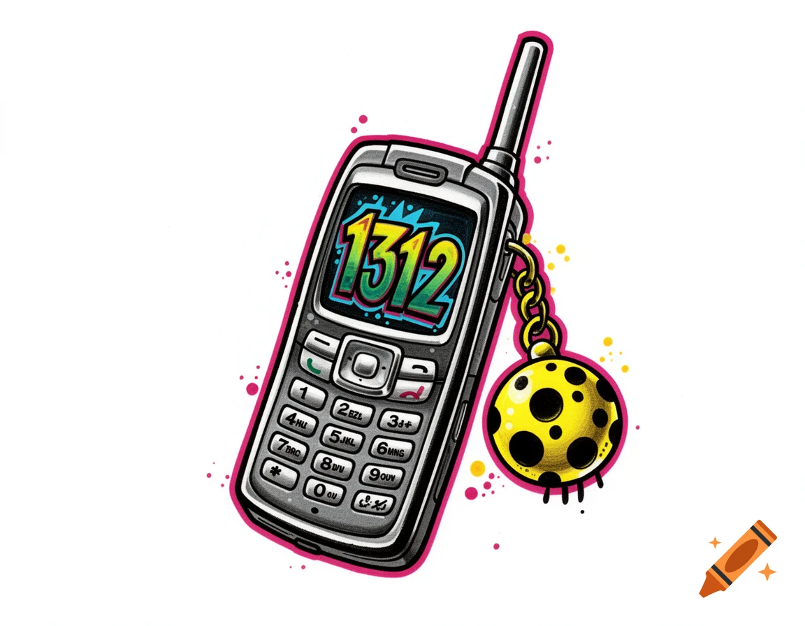 A cartoon-style old grey flip phone with an antenna, a yellow spotted Gogo Yubari ball keychain, and '1312' on its screen.