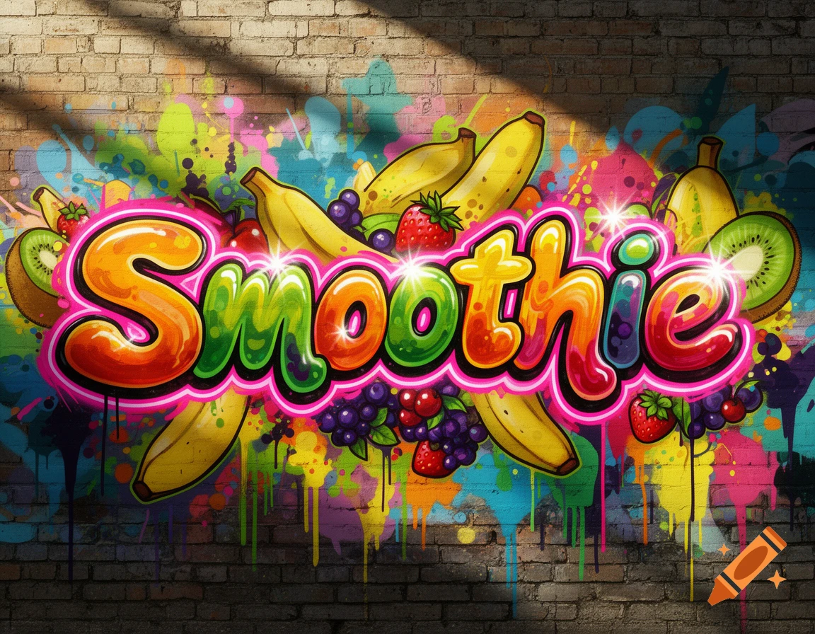 Colorful graffiti on a brick wall spells 'Smoothie' surrounded by bananas, strawberries, kiwis, and berries.