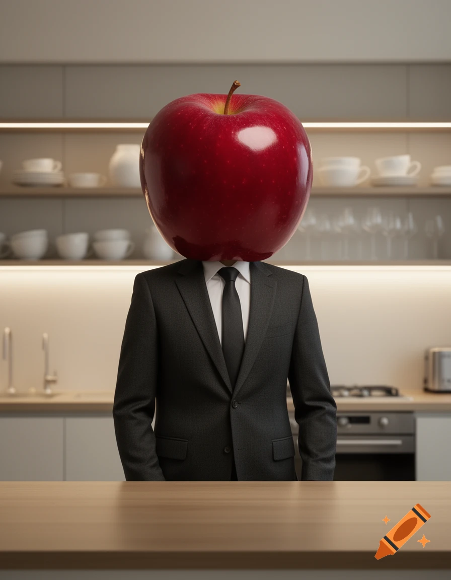 A photorealistic image of a person in a dark suit with a large red apple for a head, standing in a modern kitchen.