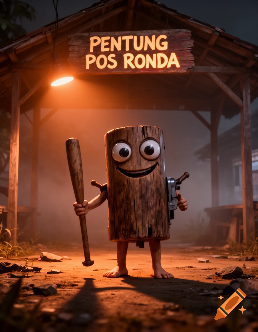 A creepy, wooden, cylindrical character with big eyes and an uncanny smile holds a bat under a sign reading 'PENTUNG POS RONDA' at night.
