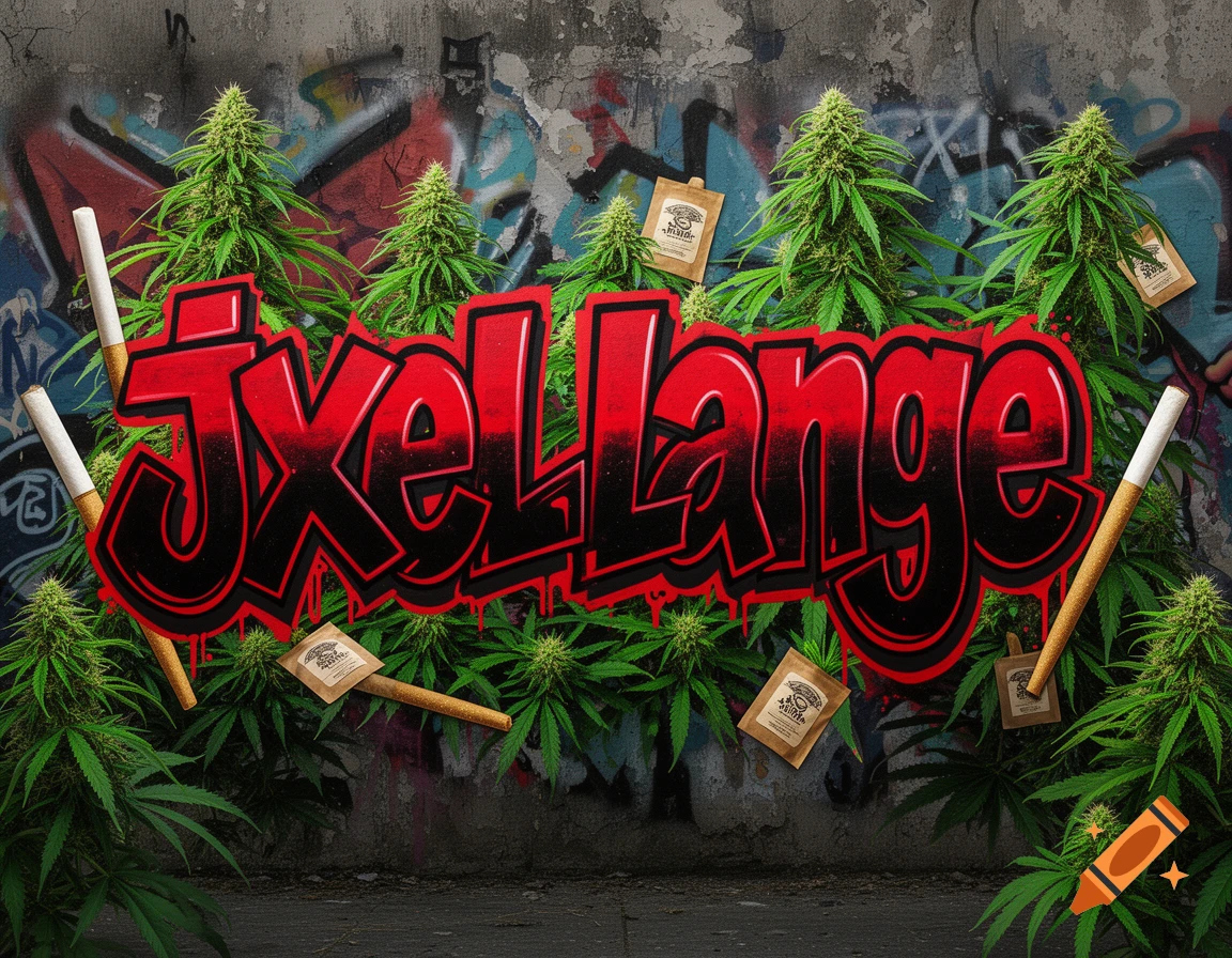 Red and black graffiti text 'jxel.lange' on a grungy wall, framed by cannabis plants, joints, and small packets.