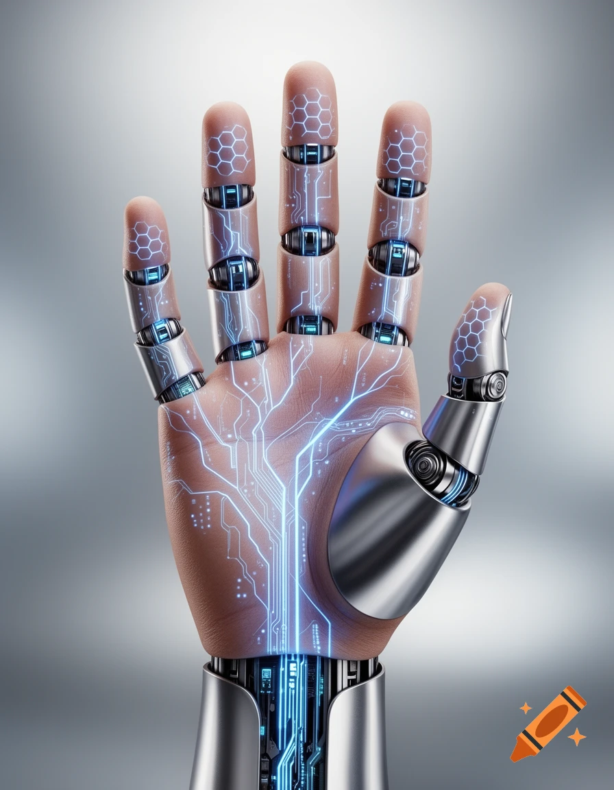 A photorealistic close-up of a human hand merging with silver robotic components and glowing blue circuit patterns.