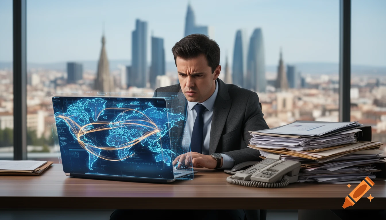 Frustrated man in a suit looking at a laptop with a glowing digital world map in a modern office, surrounded by papers and a landline phone.