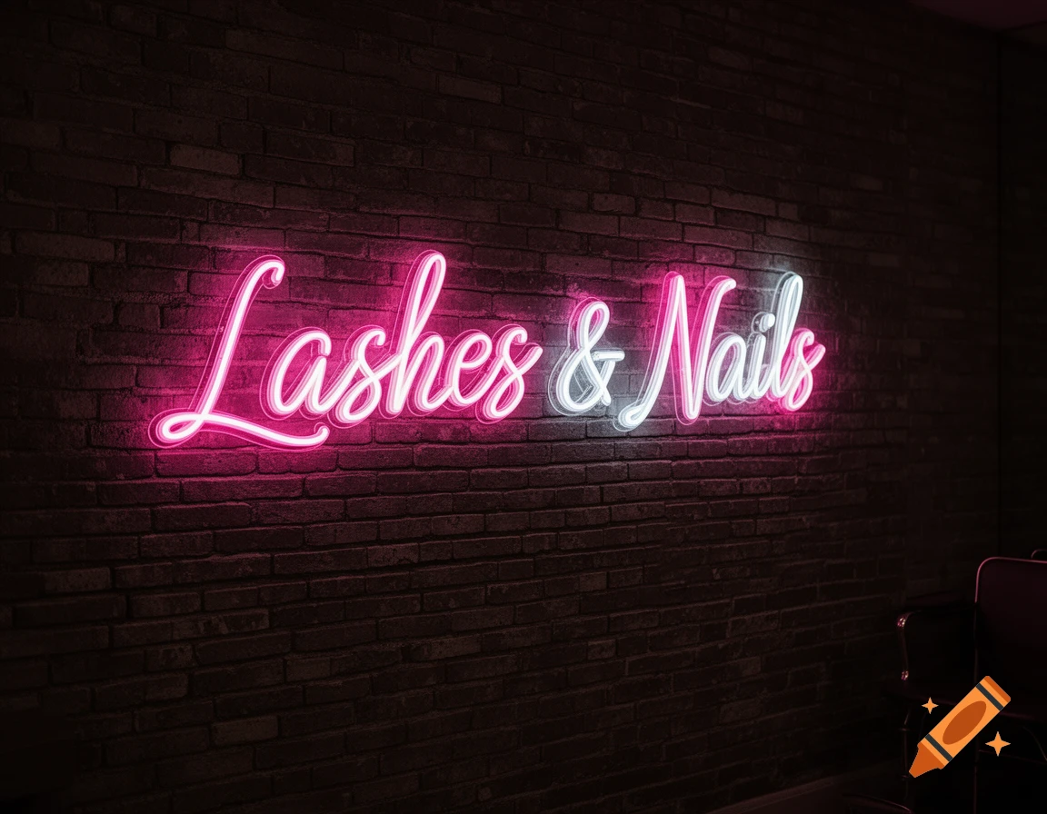 A bright pink and white neon sign reading 'Lashes & Nails' on a dark brick wall in a cozy salon interior.