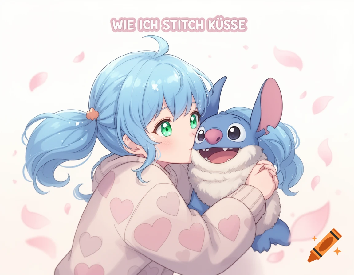 Anime girl with blue pigtails kisses Stitch, wearing a heart-patterned sweater, with the text 'WIE ICH STITCH KÜSSE' on top.