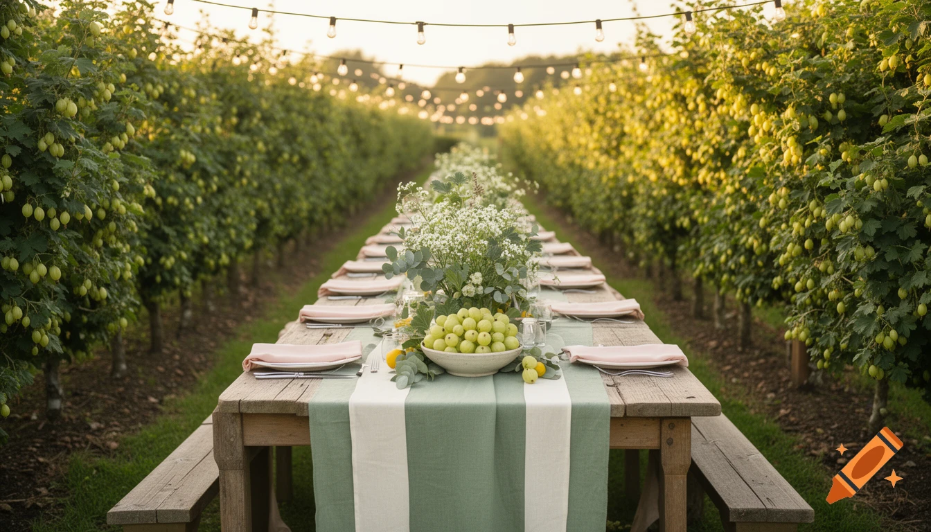 A long rustic reception table set in a gooseberry orchard at golden hour, decorated with green and ivory runners, white flowers, and string lights.