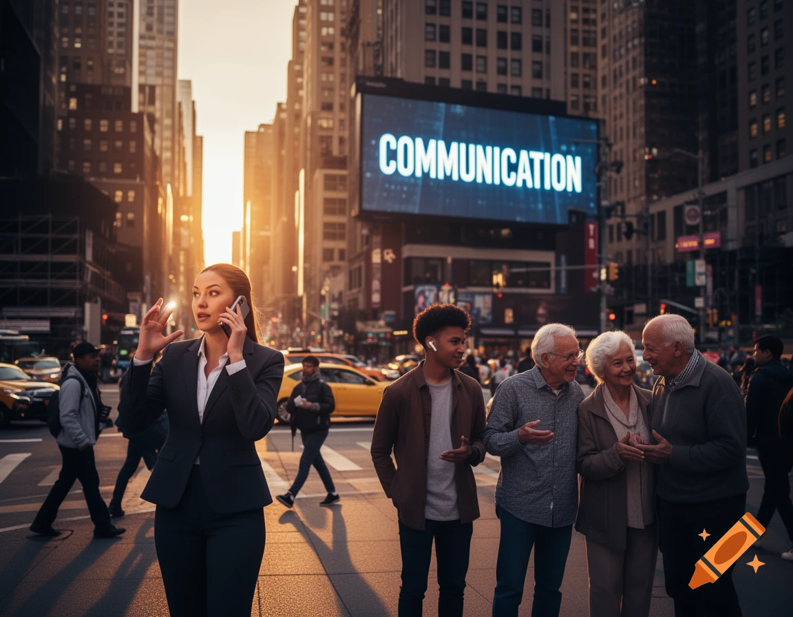 A businesswoman on a phone call in a bustling city street at sunset, with a 'COMMUNICATION' billboard and other people socializing.