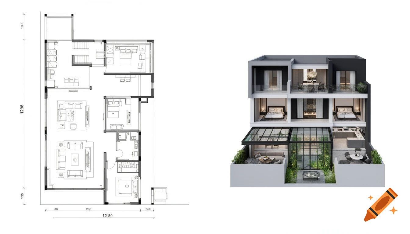 An architectural blueprint floor plan alongside a 3D rendering of a modern, multi-story luxury villa with a dark gray and white facade.