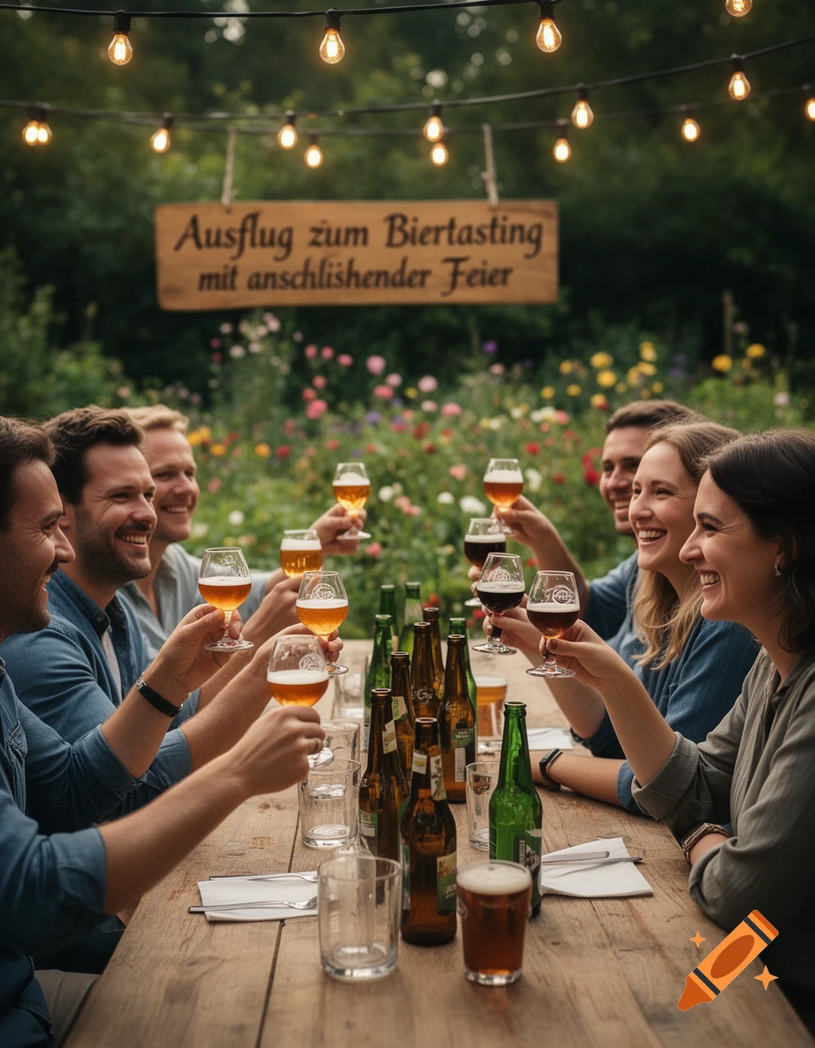 A group of smiling friends enjoys an outdoor beer tasting at a rustic wooden table under string lights in a garden.
