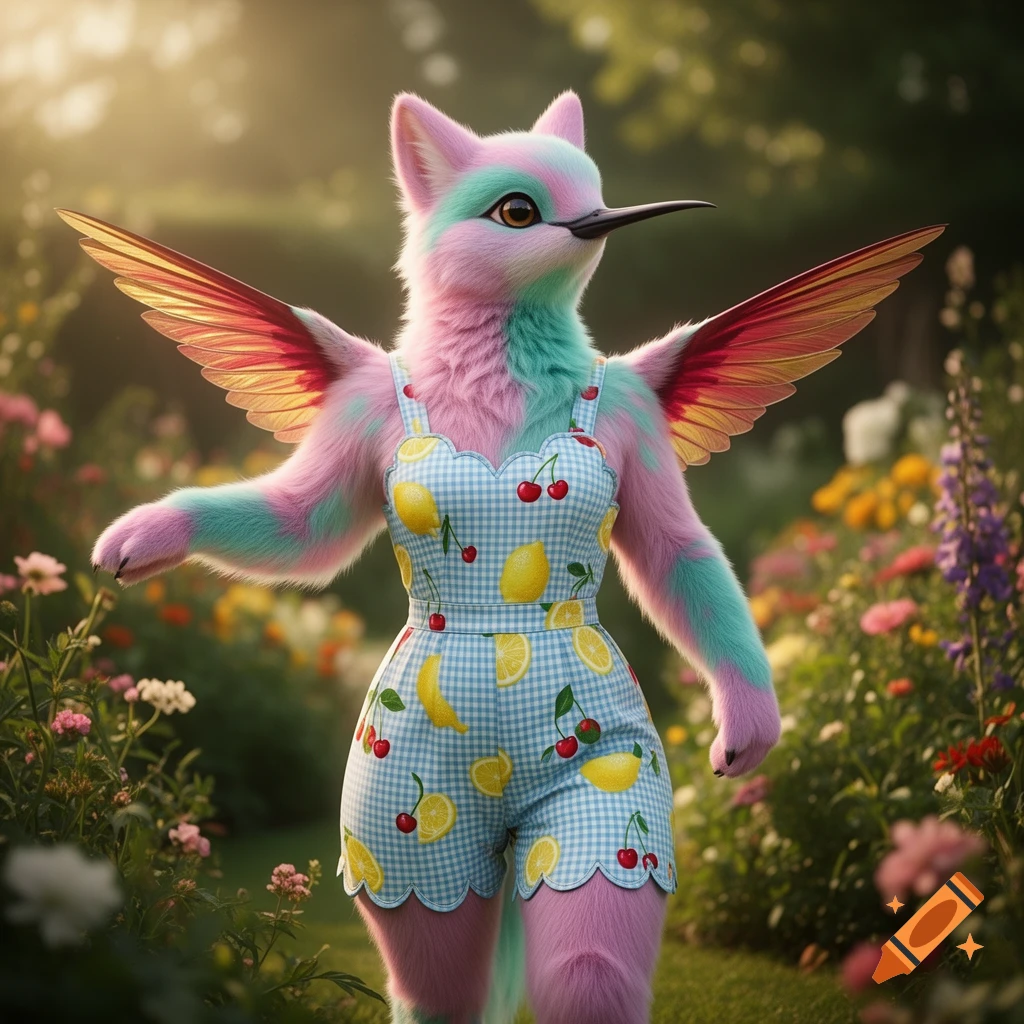 A pastel anthropomorphic hummingbird fursona wearing a blue gingham jumpsuit with lemon and cherry print in a lush garden.