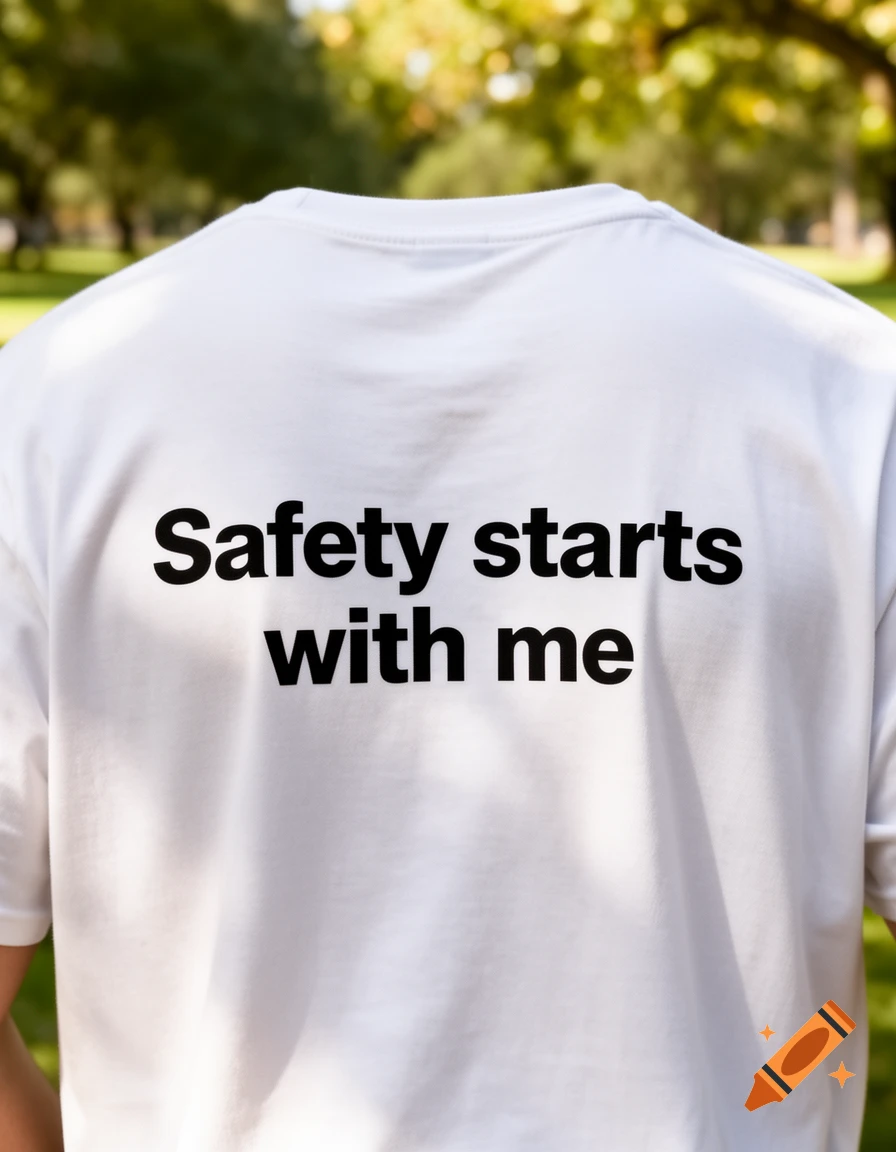 Back of a person wearing a white t-shirt with "Safety starts with me" in black text, against a blurred green park background.