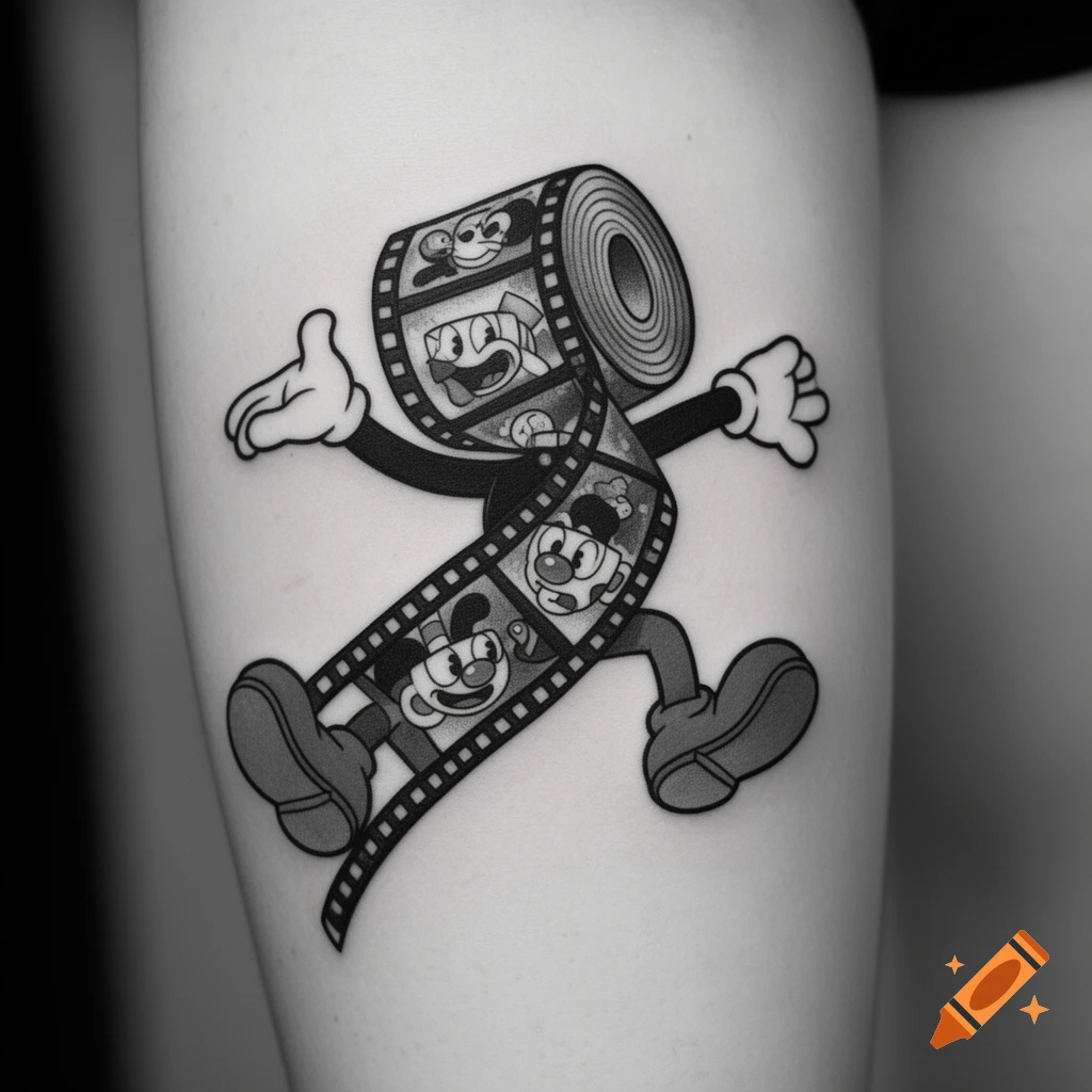 A black and white tattoo in the Cuphead style of a running film reel character with cartoon faces in its frames, on a person's leg.
