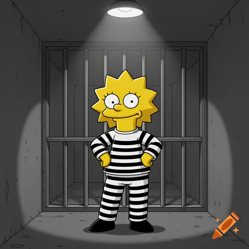 Lisa Simpson wearing a black and white striped prison uniform in a dimly lit jail cell.
