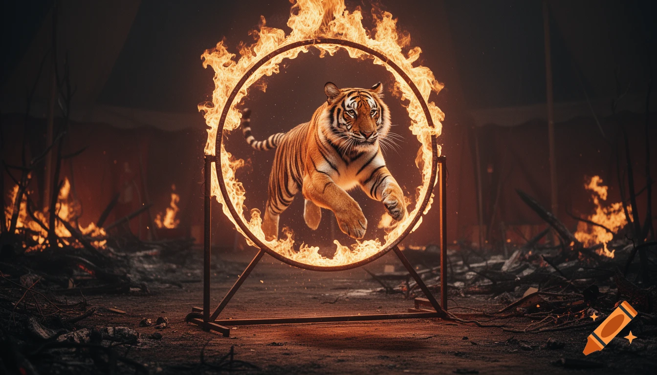A photorealistic tiger leaps dynamically through a large hoop engulfed in flames, against a dark, fiery background.