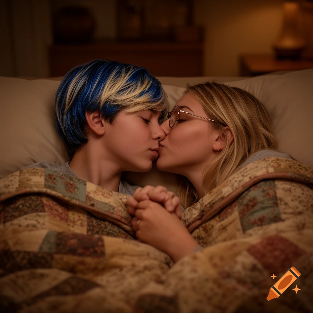 A young couple, the boy with blue and blond hair and the girl with glasses, kiss and hold hands under a quilt in bed.
