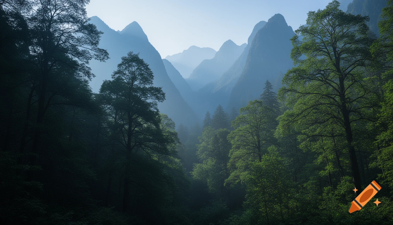 Photorealistic landscape of misty blue mountains and dense green forests in a serene valley.