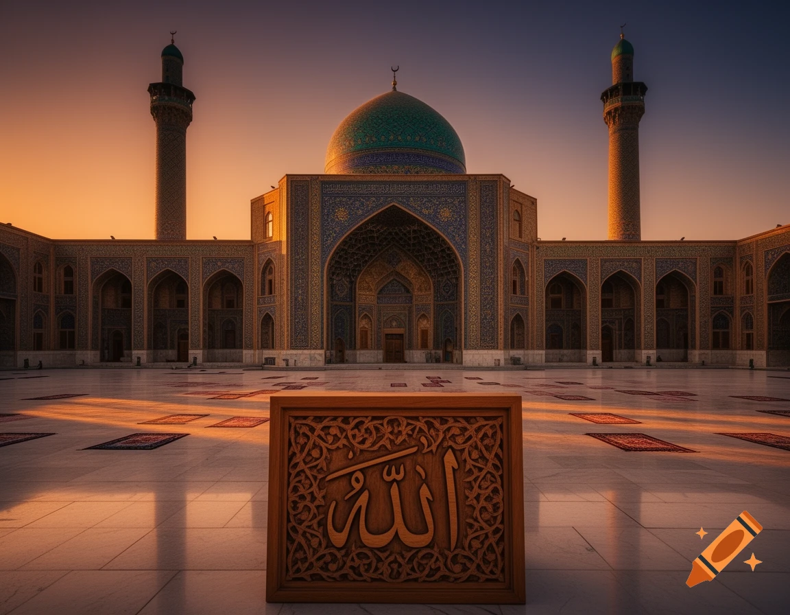A majestic mosque with a turquoise dome and two minarets at sunset, with a wooden frame in the foreground featuring intricate Arabic calligraphy of "Allah".