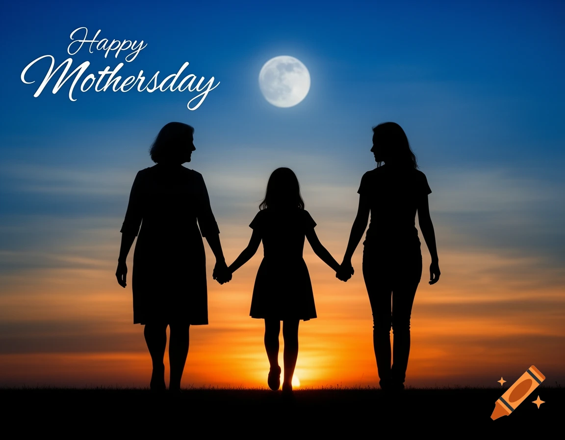 Silhouettes of a grandmother, mother, and daughter holding hands, walking against a vibrant sunset with a full moon. Text reads 'Happy Mothersday'.