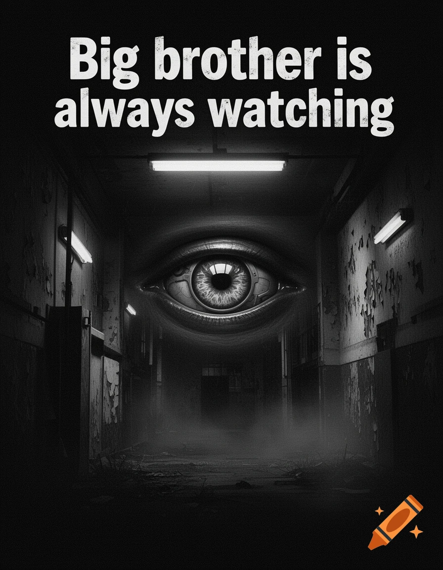 A giant eye floats in a dark, decaying hallway with mist, and the text "Big brother is always watching" above.
