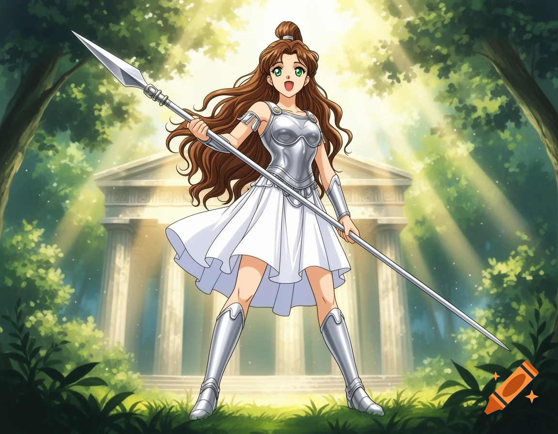 An anime-style warrior woman in silver armor and a white skirt holds a spear in a sunlit forest with a Greek temple.