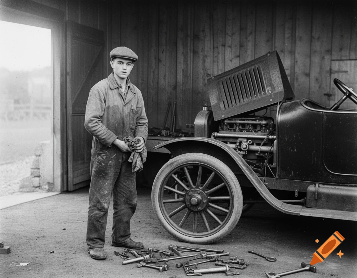Black and white photo of a young mechanic in overalls and a cap, standing beside a vintage car with its hood open, tools on the ground.