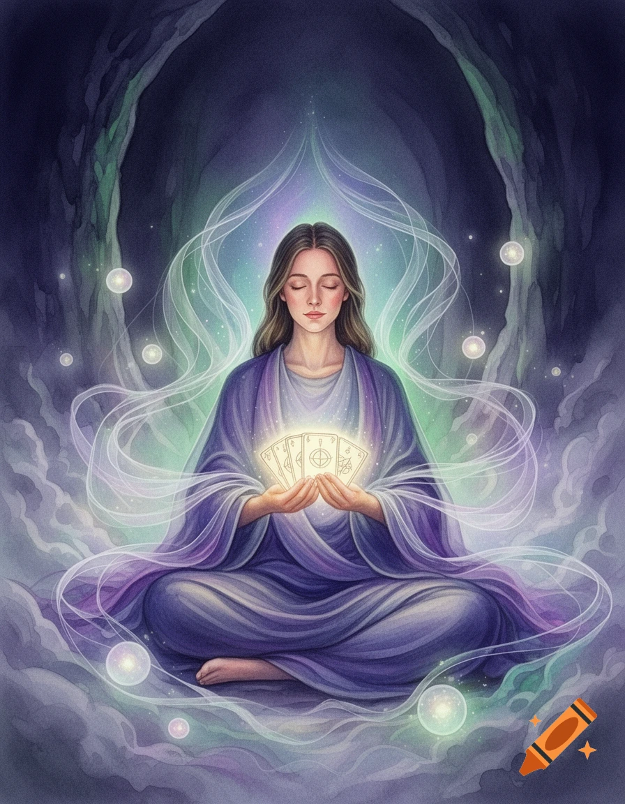 A woman meditates in a purple robe, holding glowing oracle cards with symbols, surrounded by light in a dark, ethereal cave. Watercolor style.