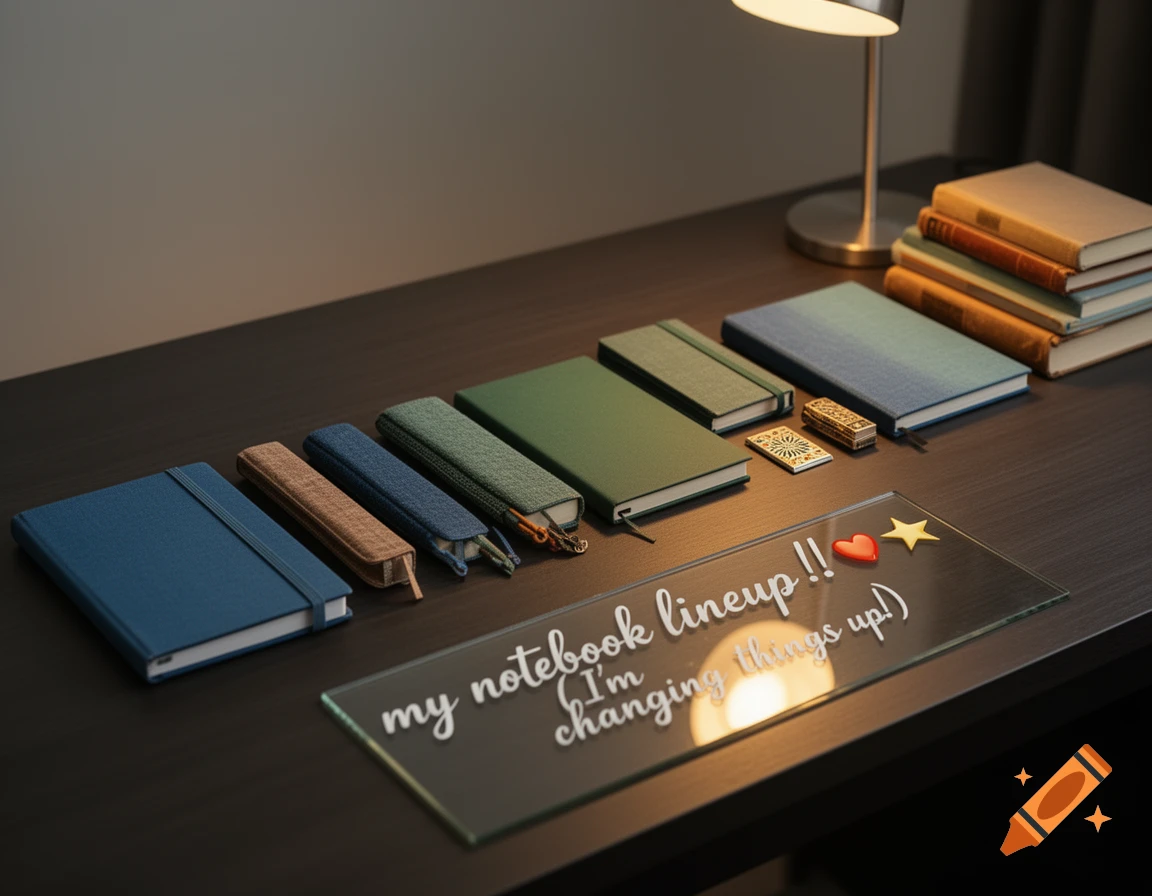 A neat desk with a lineup of colorful notebooks, books, and a lamp, with a glass panel displaying text.