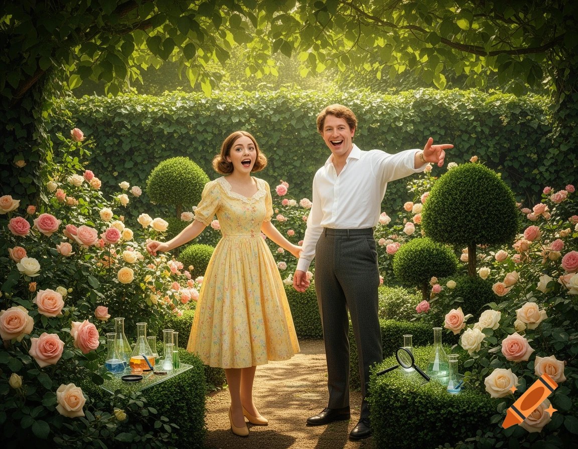 Happy man and woman in a lush rose garden with scientific beakers, the man points excitedly.