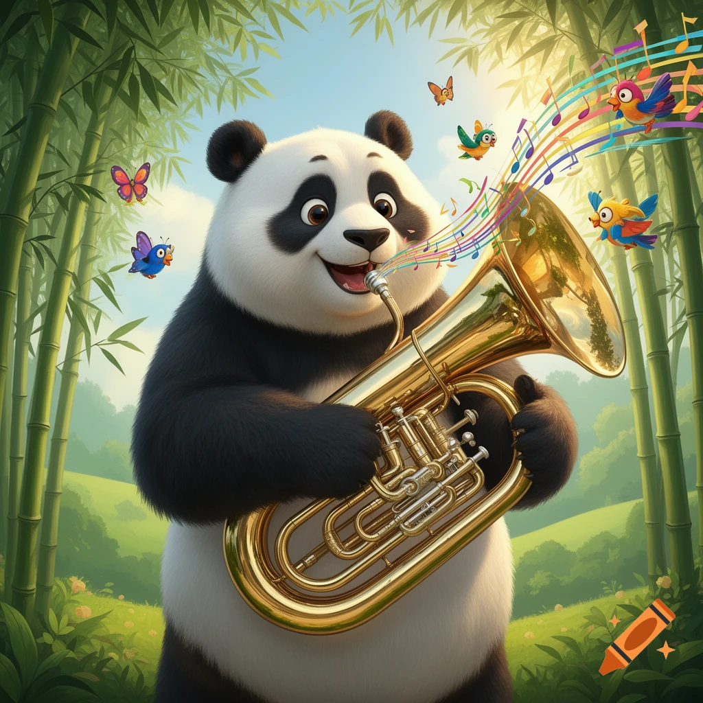 A happy cartoon giant panda plays a brass euphonium in a bamboo forest, with colorful musical notes, butterflies, and birds flying around.
