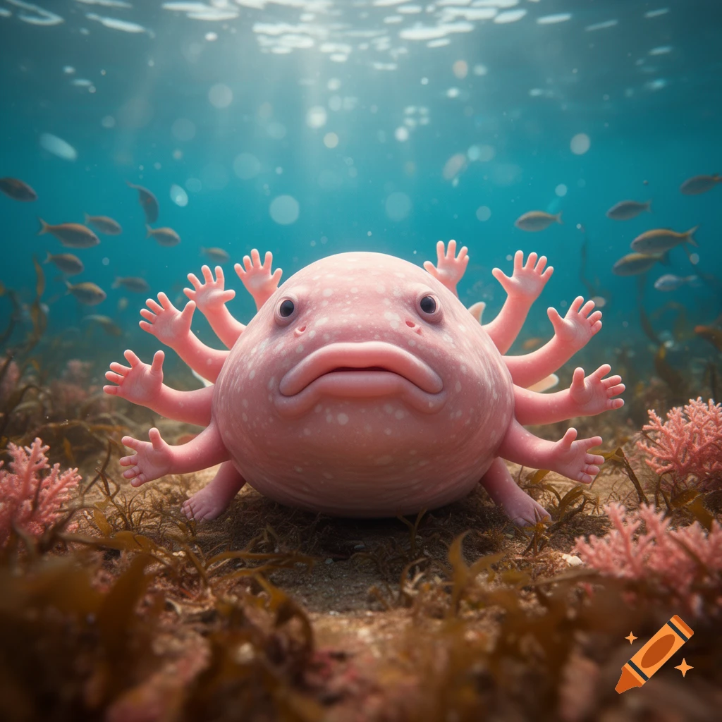 A pink, bulbous, blobfish-like creature with numerous small human hands stands on the ocean floor among coral and seaweed.