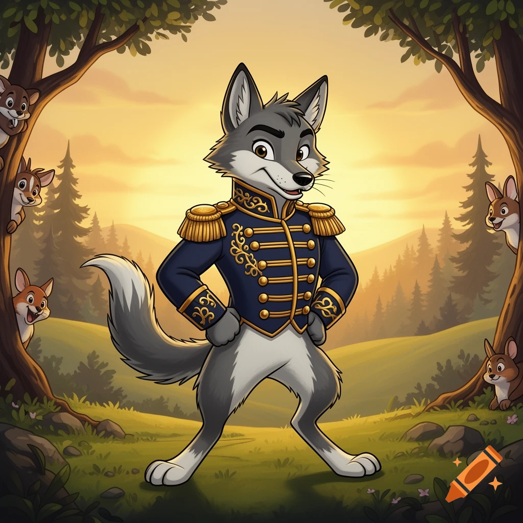 Anthropomorphic grey wolf in a blue 19th-century military jacket stands in a forest with small animals peeking from trees.
