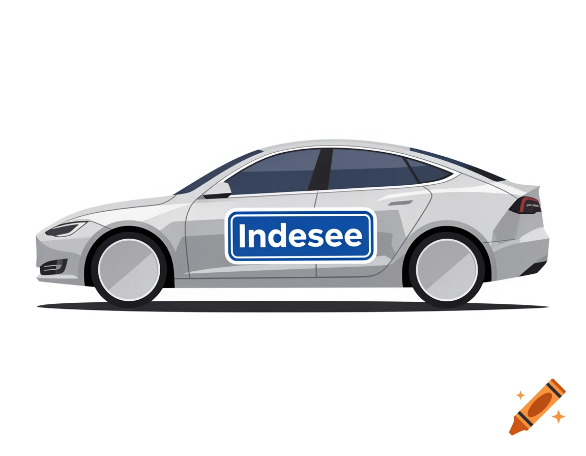 A white car with a blue "Indesee" sticker on the side, in a stylized illustration.