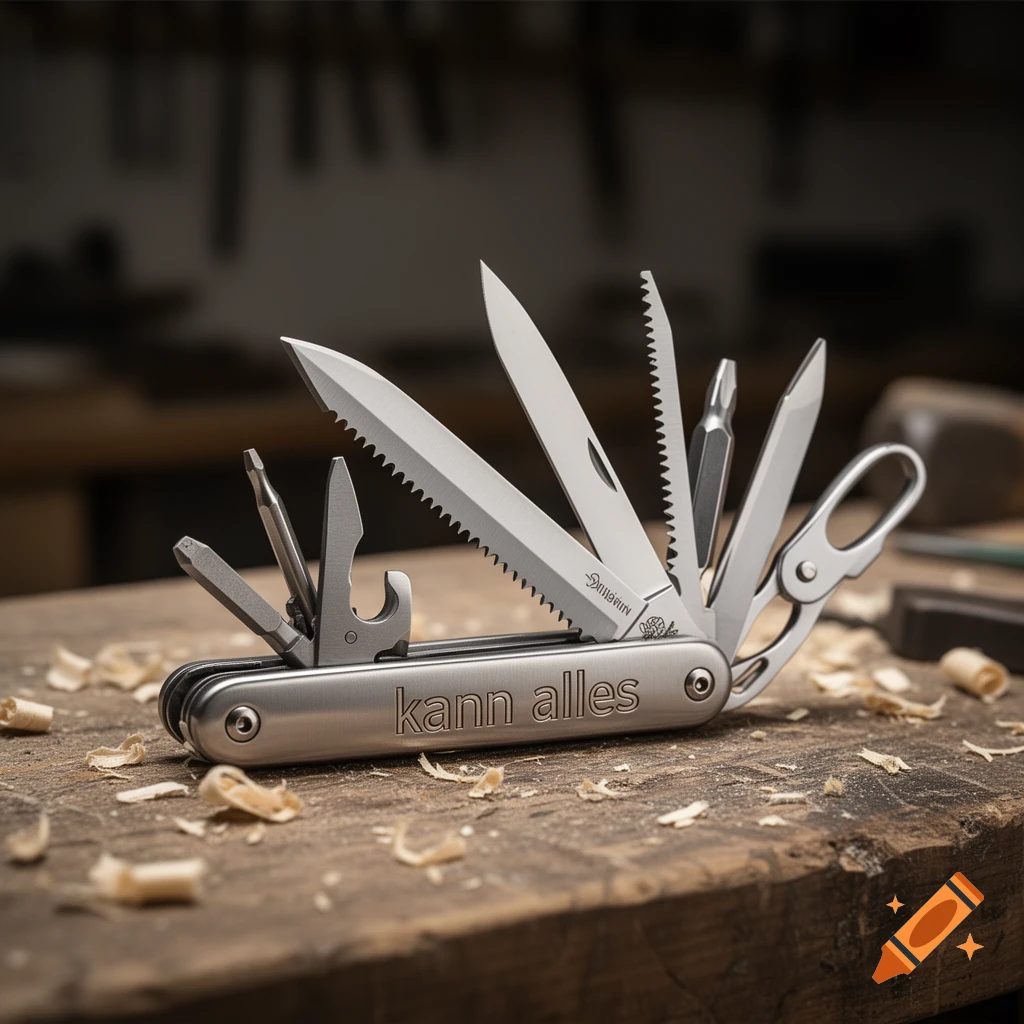 A silver multi-tool pocket knife with 'kann alles' engraved, featuring multiple extended blades and tools, on a wooden workbench with shavings.