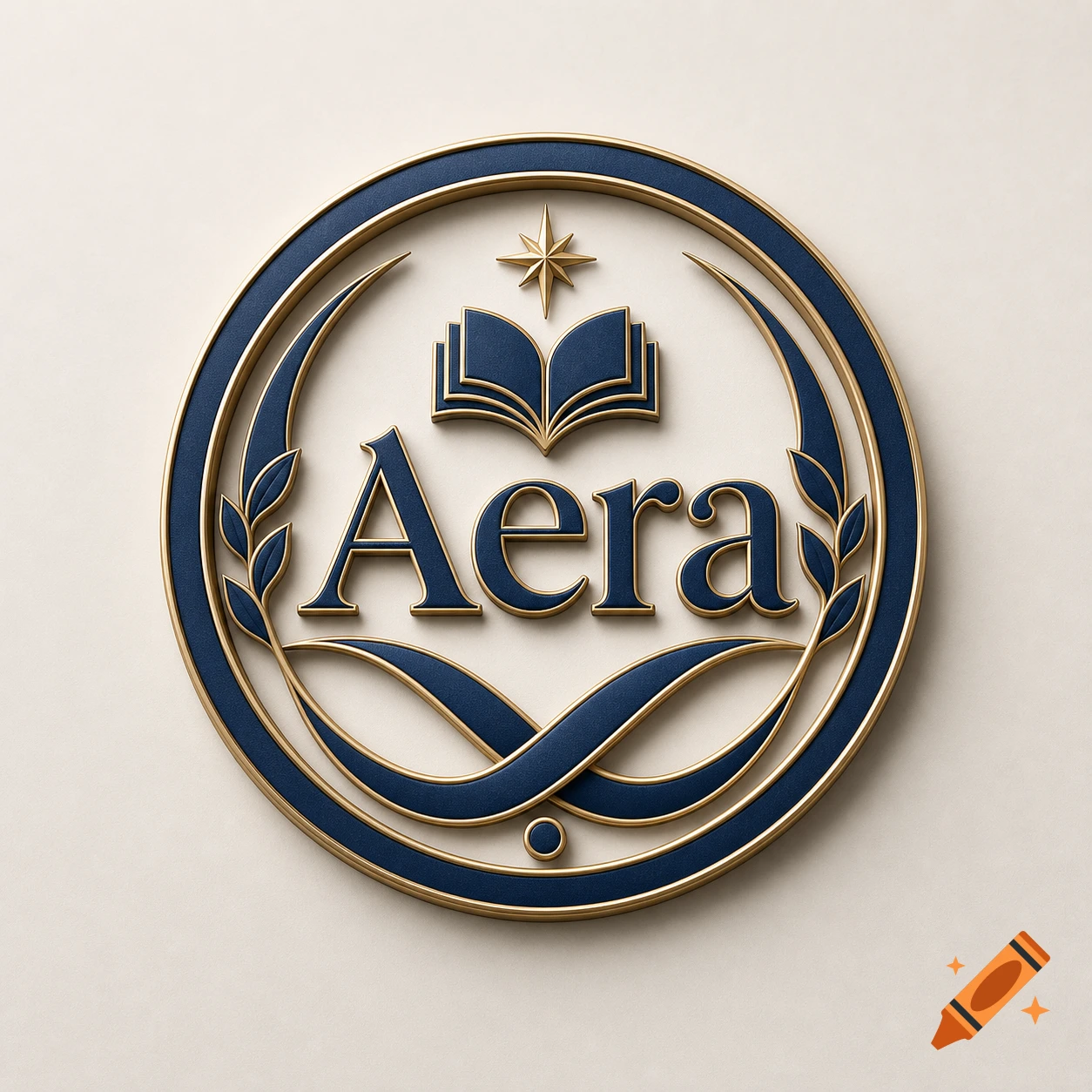 A blue and gold 3D embossed logo featuring the word 'Aera' with an open book, a star, and stylized leaves in a circular design.