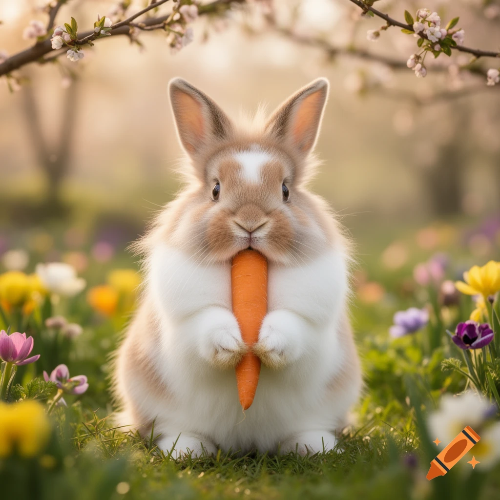 A fluffy, light brown and white rabbit holds a carrot in its paws, sitting in a field of colorful spring flowers under a blossoming tree.