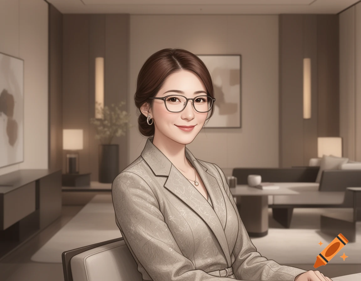 Illustration of a smiling Japanese woman wearing eyeglasses and an elegant suit, sitting in a modern room.