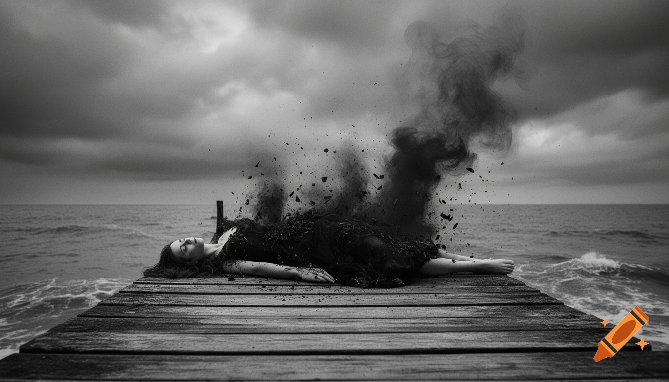 Artistic black and white photo of a woman on a wooden pier, her body dissolving into black smoke and particles over a stormy sea.