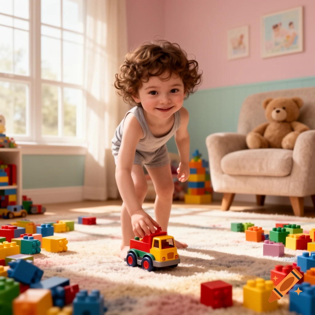 A happy toddler with curly hair plays with colorful toy blocks and a red and yellow toy truck on a rug in a bright room.