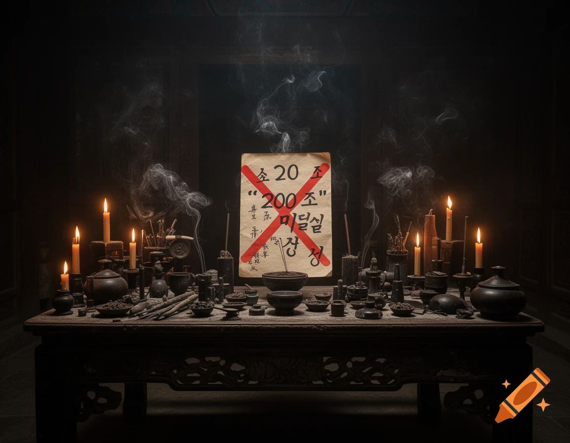 An ancient East Asian shamanic ritual altar with flickering candles, incense smoke, traditional offerings, and mystical artifacts.