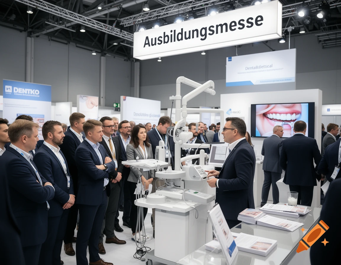 A busy dental trade fair with professionals examining modern equipment and displays.