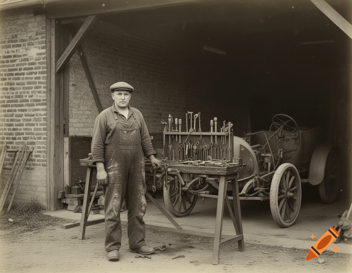 Sepia-toned historical photograph of a mechanic in overalls standing by a workbench filled with tools, next to an old car in a garage.